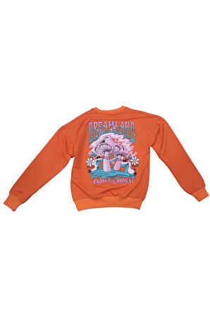 Kız Çocuk Dreamland Yazı Desenli Arkası Yazı Resim Baskılı Turuncu Renk Sweatshirt