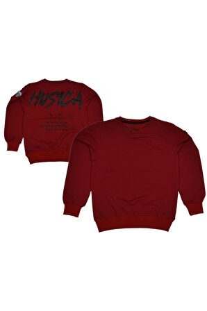 Erkek Çocuk Sırtı Husica Yazı Desenli Yakası Yazılı Bordo Renk Sweatshirt
