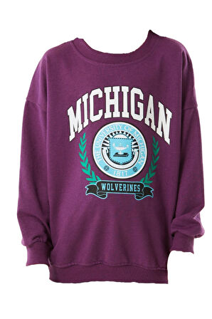 Kız Çocuk Michigan Yazı Desenli Mor Renk Mevsimlik Sweatshirt