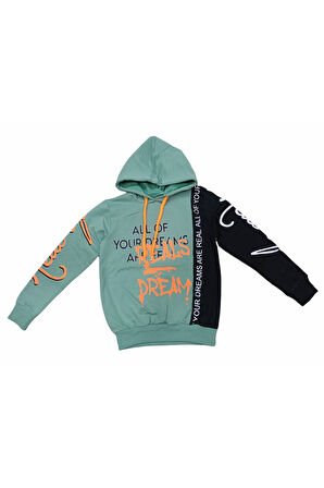 Erkek Çocuk Reals Dream Önü Kolları Yazı Desenli Yeşil Renk Kapüşonlu Sweatshirt