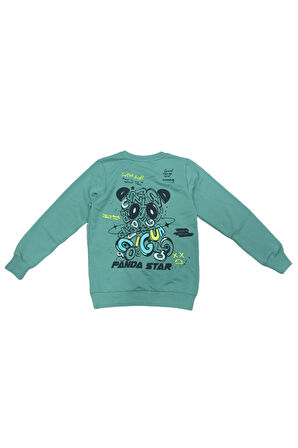 Erkek Çocuk Panda Star Önü Arkası Yazı Resim Desenli Yeşil Renk Sweatshirt
