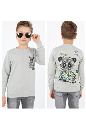 Erkek Çocuk Panda Star Önü Arkası Yazı Resim Desenli Gri Renk Sweatshirt