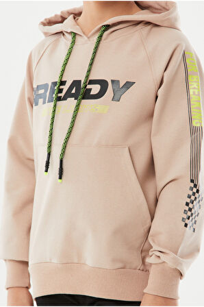 Erkek Çocuk Önü Kolları Ready Yazı Desenli Bej Renk Kapüşonlu Sweatshirt