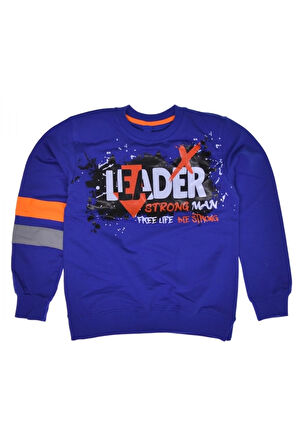 Erkek Çocuk Önü Arkası Leader Yazı Desenli Mavi Renk Sweatshirt