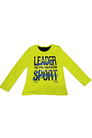 Erkek Çocuk Leader Önü Arkası Yazı Desenli Fosfor Sarı Renk Mevsimlik Sweatshirt