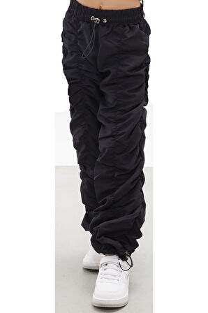 Kız Çocuk Şerit Dikişli Siyah Renk Tarz Paraşüt Kumaş Pantolon