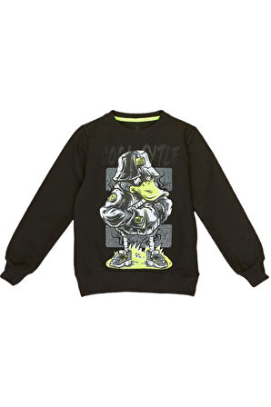 Erkek Çocuk Cool Style Yazı Ördek Desenli Siyah Renk Sweatshirt
