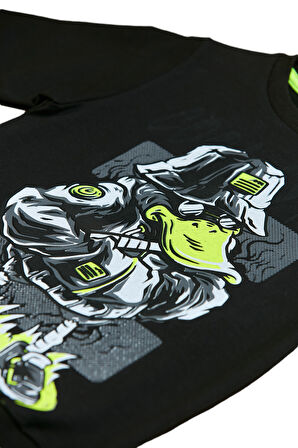 Erkek Çocuk Cool Style Yazı Ördek Desenli Siyah Renk Sweatshirt