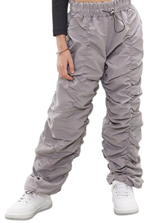 Kız Çocuk Şerit Dikişli Gri Renk Tarz Paraşüt Kumaş Pantolon