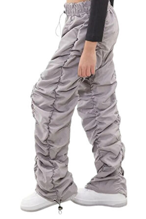Kız Çocuk Şerit Dikişli Gri Renk Tarz Paraşüt Kumaş Pantolon