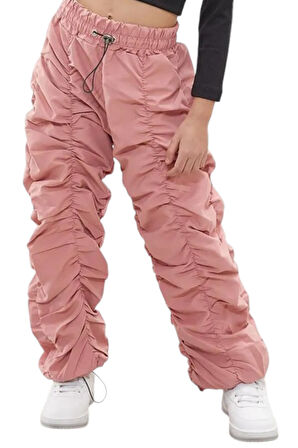 Kız Çocuk Şerit Dikişli Pembe Renk Tarz Paraşüt Kumaş Pantolon