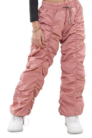 Kız Çocuk Şerit Dikişli Pembe Renk Tarz Paraşüt Kumaş Pantolon