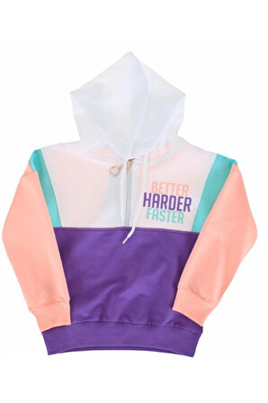 Kız Çocuk Yarım Fermuar Modelli Renk Bloklu Kapüşonlu Sweatshirt