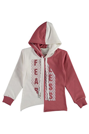 Kız Çocuk Fearless Yazı Desenli Etek Ucu Asimetrik Kesim Detay Gül Kurusu Renk Kapüşonlu Sweatshirt