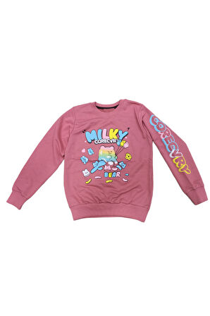 Kız Çocuk Milky Önü Arkası Kolu Yazı Desenli Gül Kurusu Renk Sweatshirt