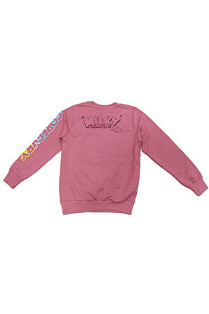 Kız Çocuk Milky Önü Arkası Kolu Yazı Desenli Gül Kurusu Renk Sweatshirt