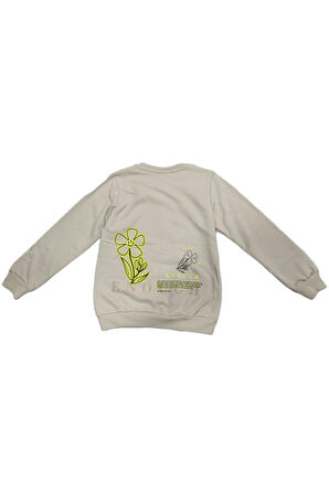 Kız Çocuk Enough Önü Yazı Desenli Sırtı Çiçek Desenli Şardonlu Bej Renk Sweatshirt