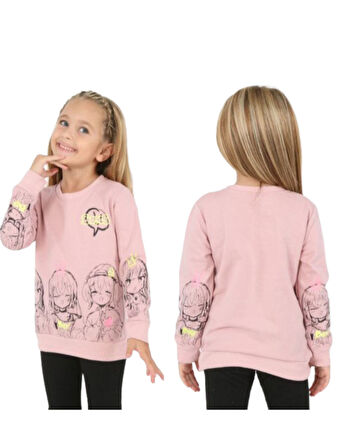 Kız Çocuk Önü ve Kolları Resim Desenli Şardonlu Pudra Renk Sweatshirt