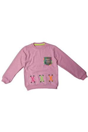 Kız Çocuk X Desenli Selanik Kumaş Pembe Renk Sweatshirt
