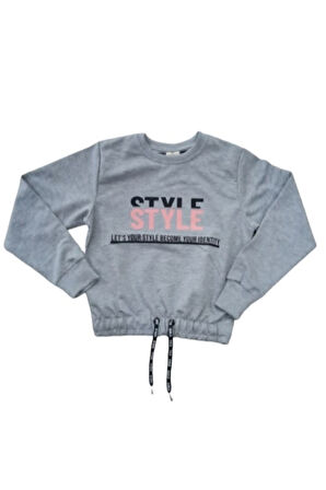Kız Çocuk Önü Style Yazı Desenli Beli Bağlamalı Gri Renk Sweatshirt
