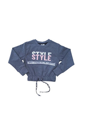 Kız Çocuk Önü Style Yazı Desenli Beli Bağlamalı Füme Renk Sweatshirt