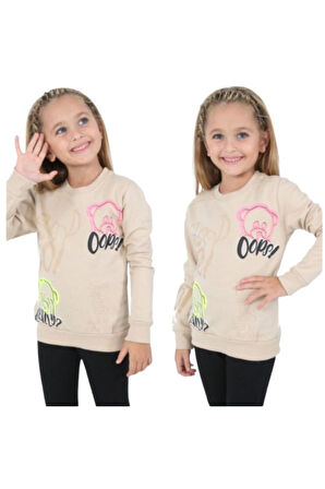 Kız Çocuk Ayıcık ve Yazı Desenli Bej Renk Şardonlu Sweatshirt