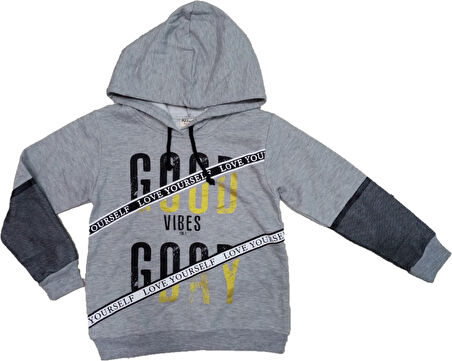 Kız Çocuk Good Day Yazı Desenli Kolu File Detaylı Gri Renk Kapüşonlu Sweatshirt