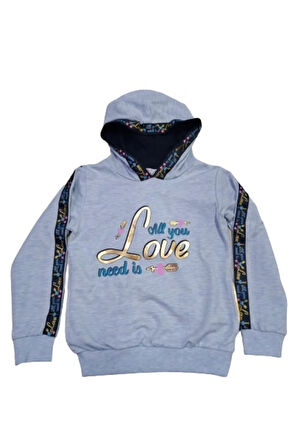 Kız Çocuk Kapüşonlu Kolları Şeritli Yazı Desenli Cepli Buz Mavisi Renk Kapüşonlu Sweatshirt