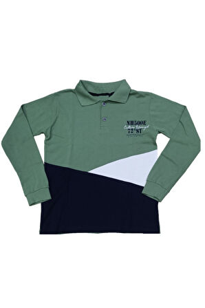 Erkek Çocuk Renk Bloklu Polo Yaka Haki Renk Sweatshirt