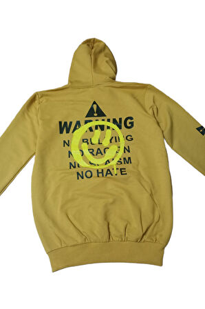 Erkek Çocuk Önü Arkası Kolu Emoji Smile Desenli Hardal Renk Kanguru Cepli Kapüşonlu Sweatshirt