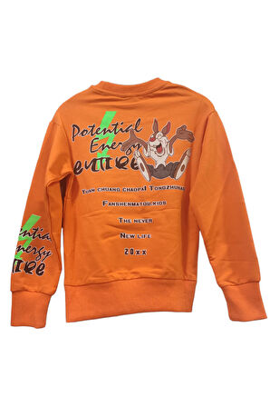 Erkek Çocuk Önü Arkası Yazı Tavşan Desenli Kanguru Cepli Turuncu Renk Sweatshirt