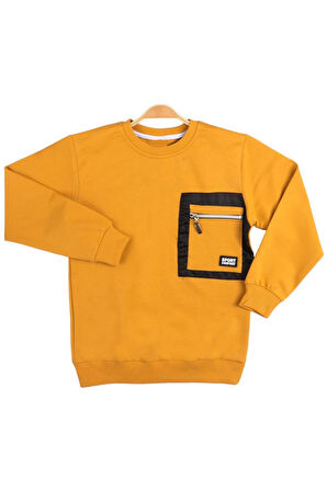 Erkek Çocuk Fermuar Cepli Detaylı Armalı Hardal Renk Sweatshirt