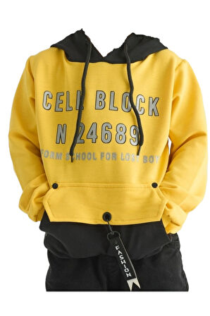 Erkek Çocuk Cell Block Yazı Desenli Kanguru Cepli Kapüşonlu Sarı Siyah Renk Sweatshirt