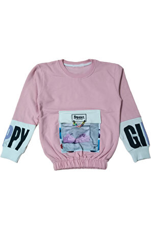 Kız Çocuk Zincir Detaylı Kolu Yazılı Torba Cepli Şardonlu Pudra Renk Sweatshirt