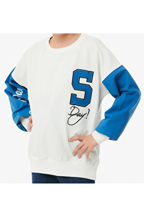 Erkek Çocuk /Kız Çocuk S Nakışlı Önü Kolu Yazı Desenli Kolları Renk Bloklu Beyaz Renk Sweatshirt