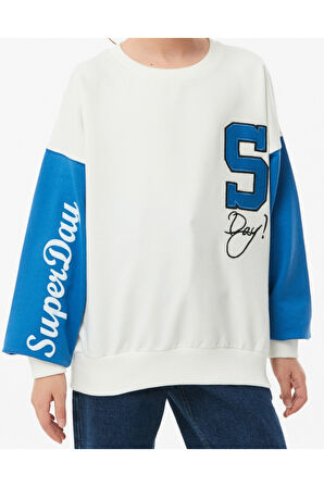 Erkek Çocuk /Kız Çocuk S Nakışlı Önü Kolu Yazı Desenli Kolları Renk Bloklu Beyaz Renk Sweatshirt