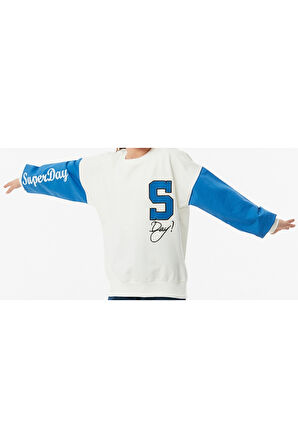 Erkek Çocuk /Kız Çocuk S Nakışlı Önü Kolu Yazı Desenli Kolları Renk Bloklu Beyaz Renk Sweatshirt
