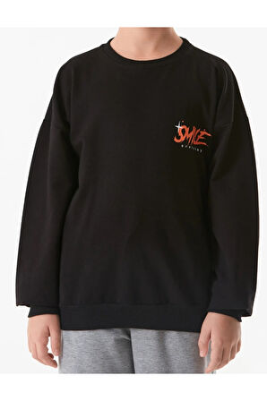 Erkek Çocuk /Kız Çocuk Önü Arkası Smile Yazılı Gezegen Resim Desenli Siyah Renk Sweatshirt