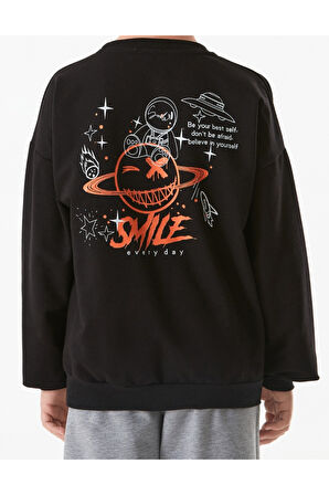 Erkek Çocuk /Kız Çocuk Önü Arkası Smile Yazılı Gezegen Resim Desenli Siyah Renk Sweatshirt