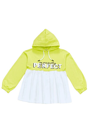 Kız Çocuk Perfect Yazı Desenli Kapüşonlu Bilekleri Lastikli Fıstık Yeşili Renk Sweatshirt