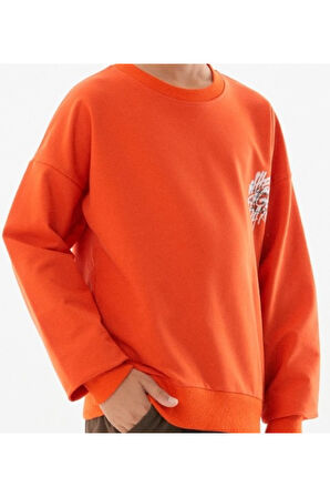 Erkek Çocuk /Kız Çocuk Önü Arkası Here Yazı Desenli Turuncu Renk Sweatshirt