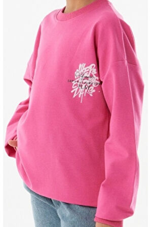 Kız Çocuk Önü Arkası Here Yazı Desenli Pembe Renk Sweatshirt
