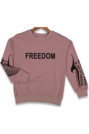 Kız Çocuk Önü Kolları Freedom Yazılı Pembe Oversize Kalıp Sweatshirt