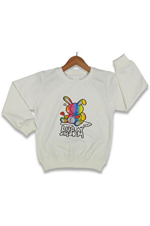 Kız Çocuk Önü Kolu Renkli Ayıcık Desenli Ekru Renk Sweatshirt
