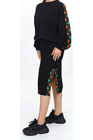Kız Çocuk Yeşil Turuncu Şeritli Yırtmaç Etekli Sweatshirt Etek İkili Takımı