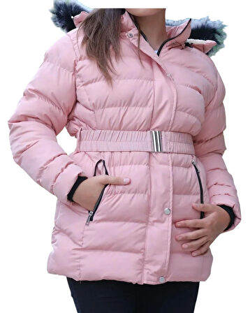 Kız Çocuk Kapüşonu Çıkabilen Fermuar Çıtçıt Kapamalı Kuşaklı Kürklü Pembe Renk Mont