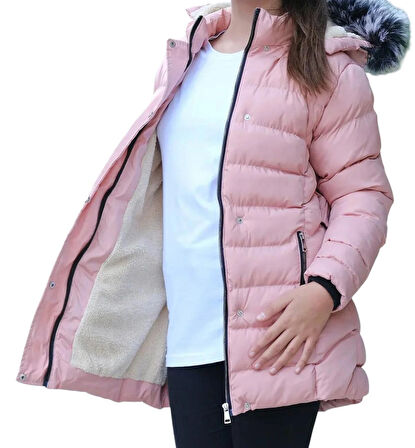 Kız Çocuk Kapüşonu Çıkabilen Fermuar Çıtçıt Kapamalı Kuşaklı Kürklü Pembe Renk Mont