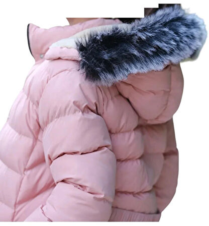 Kız Çocuk Kapüşonu Çıkabilen Fermuar Çıtçıt Kapamalı Kuşaklı Kürklü Pembe Renk Mont