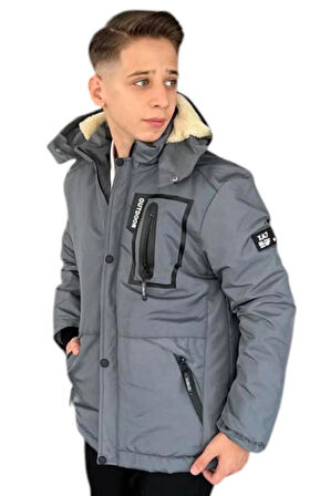 Erkek Çocuk Outdoor Yazılı Fermuar Cepli Kapüşonu Çıkabilen İçi Peluş Astarlı İnce Antrasit Mont