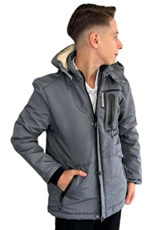 Erkek Çocuk Outdoor Yazılı Fermuar Cepli Kapüşonu Çıkabilen İçi Peluş Astarlı İnce Antrasit Mont